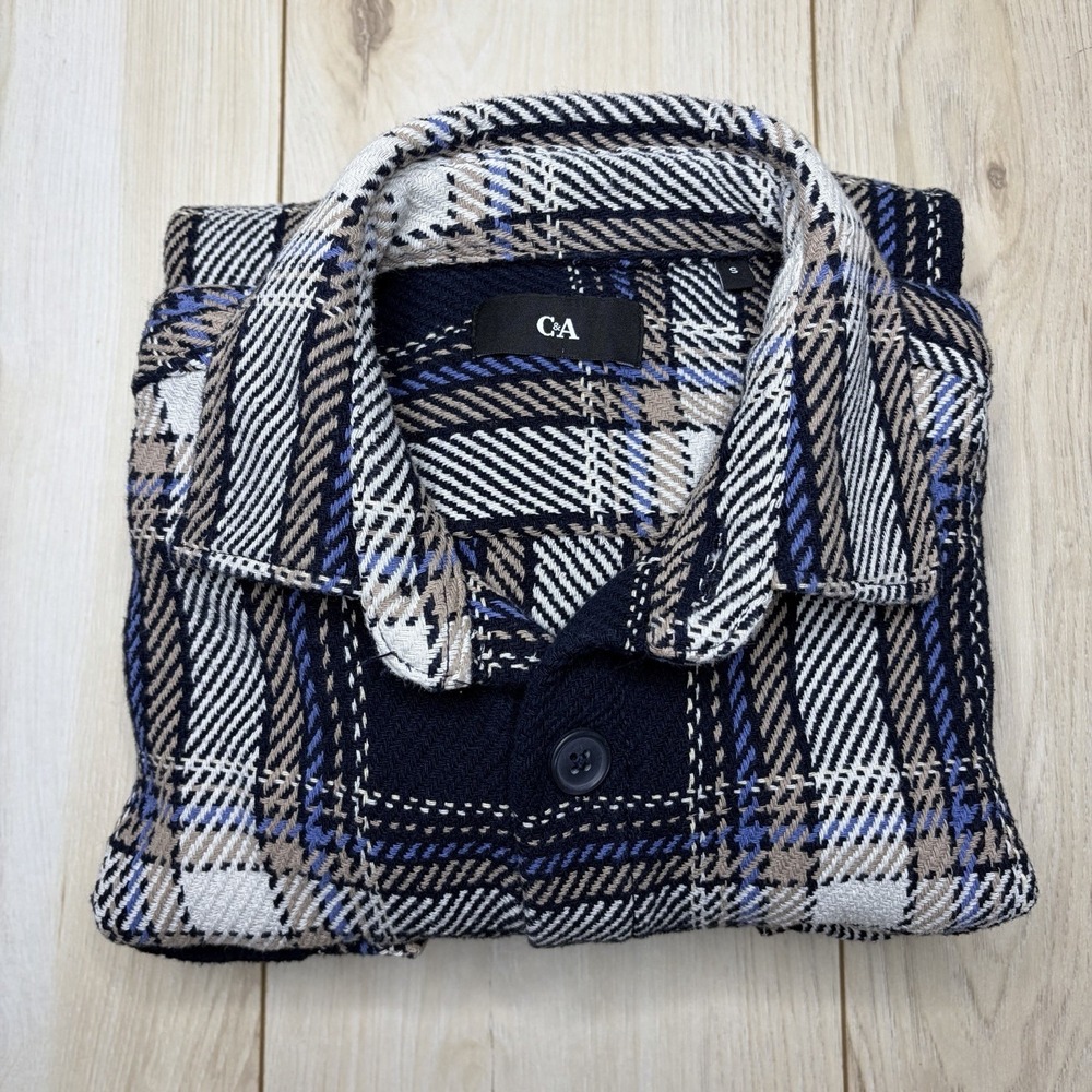 C&A Mens Heavyweight Flannel Shirt Size Small Blue/Cream Plaid Cotton Blanket